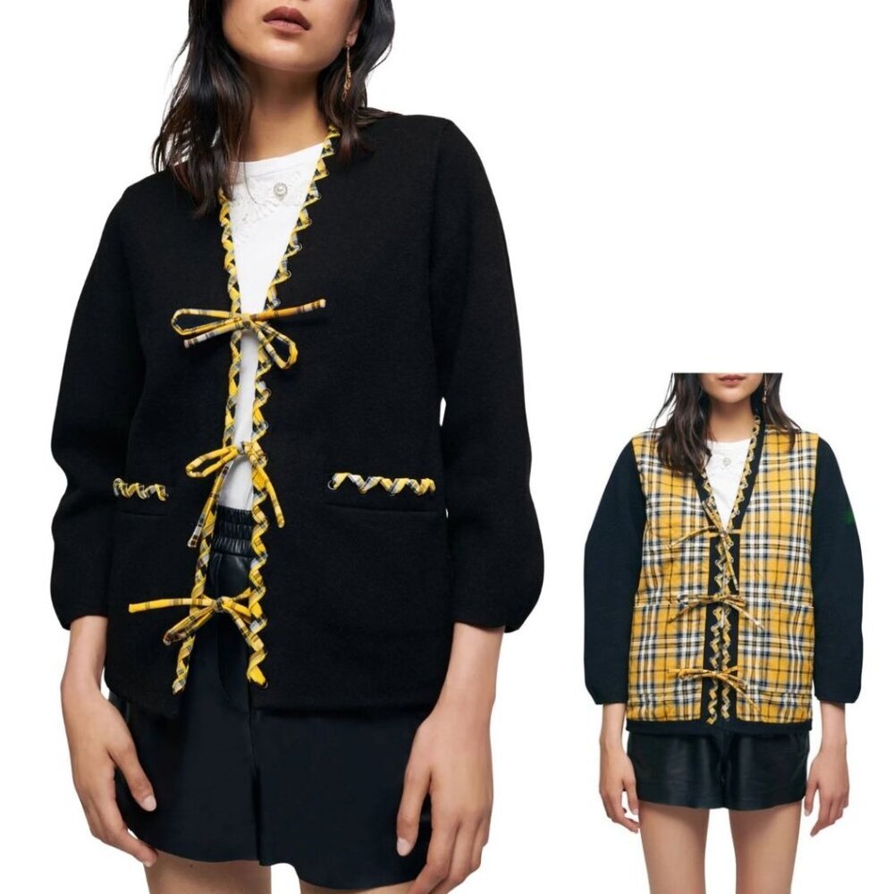 NWT Maje Mysetero Reversible Woven Cardigan Sweater Blazer Checked L (3)